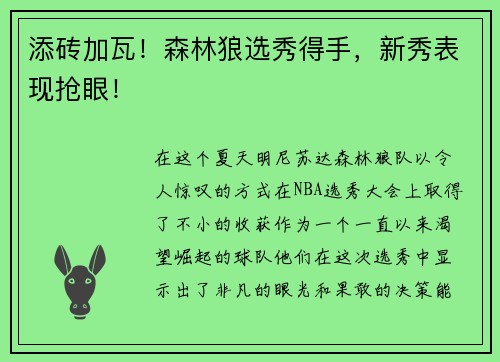 添砖加瓦！森林狼选秀得手，新秀表现抢眼！